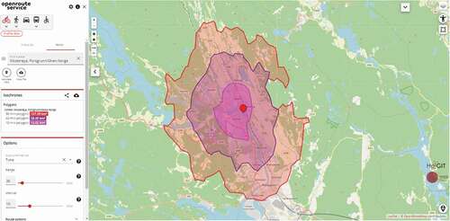 Figure 11. Open-access tools used to illustrate cycling accessibility from Klosterøya. The reach based on cycling time is illustrated in 10 minutes’ intervals based on Openrouteservice, developed and provided by Heidelberg Institute for Geoinformation Technology (HeiGIT), which offers routing services by using user-generated, collaboratively collected free geographic data from OpenStreetMap. Source: https://maps.openrouteservice.org/