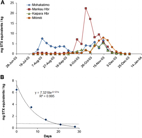 Figure 16 A, PST contamination of Greenshell™ mussels (mg STX equivalents/kg) caused by G. catenatum from selected North Island west coast monitoring sites, July–December 2003; B, depuration curve derived from data from all sites from 15 November 2003 onwards, the half-life of STX in the mussels derived from this curve is 5.7 days. The dotted line represents the maximum accepted toxicity level of 0.8 mg STX equivalents/kg.