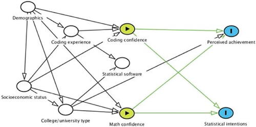 Fig. 1 Conceptual model. White nodes are control variables determined prior to the course. Green nodes are the exposure variables: coding confidence and math confidence. Blue nodes are outcome variables: perceived achievement and statistical intentions.
