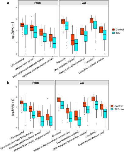 Figure 6. Differential viral functions between (a) T2D subjects and healthy controls and (b) T2D-Ne subjects and healthy controls against GO and Pfam protein family databases. The differential functions were determined by LEfSe analysis. For the box plots, the boxes extend from the first to the third quartile (25th to 75th percentiles), with the center line indicating the median.