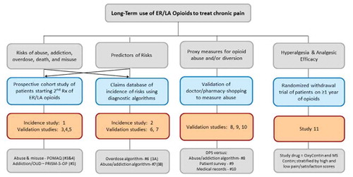 Figure 1. Conceptual Framework of the Observational Studies and Randomized Clinical Trial in the ER/LA Opioid Postmarketing Study Program.DPS, doctor/pharmacy shopping; ER/LA, extended-release/long-acting; OUD, opioid-use disorder; PRISM, Psychiatric Research Interview for Substance and Mental Disorders, Fifth Edition, Opioid Study Version.