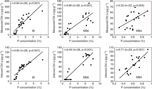 Fig. 5  Correlations of P with measured and inferred chlorophyll a concentrations in the ornithogenic sediments of BI, MB6 and MB4.