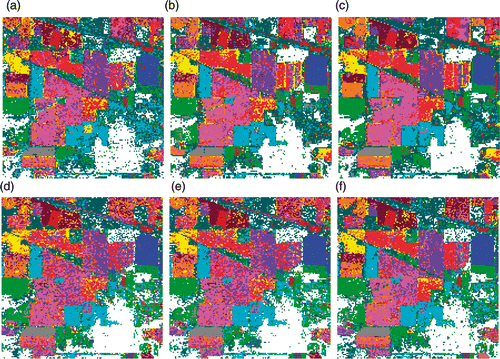 Figure 5. Classification maps for Indian Pines data with SVM classifier using (a) Original data (b) PCA, (c) KPCA, (d) DAFE, (e) DBFE and (f) NWFE.