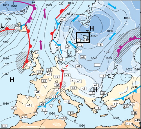 Fig. 1 General weather situation in Europe on 28 January 2012 12 UTC. Mean sea level pressure (contours) and 2-m temperature (shaded) are based on ECMWF analysis. The boxes show selected observed temperatures. The black rectangle box shows the area of interest of this study. (Source: Finnish Meteorological Institute)