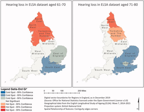 Figure 2. Map of England by Government Office Regions showing the spatial clusters of hearing loss prevalence according to Hot Spot and Cold Spot analyses a using the Getis-Ord Gi* statistic in the seventh Wave of the English Longitudinal Study of Ageing (ELSA). aThe Hot Spots and Cold Spots indicate unexpected spatial spikes of high or low values, respectively, showing that the distribution of these values in the dataset is more spatially clustered than would be expected if underlying spatial processes were truly random. This work by Dialechti Tsimpida is licensed under a Creative Commons Attribution 4.0 International License.