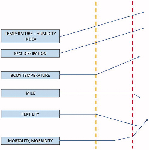 Figure 6. Hypothetical response of a dairy cow to increased heat stress (Source: Misztal Citation2017). In yellow and red two different temperature levels (in red the hottest temperature).