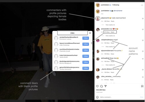 Figure 1. Typical situation of Instagram porn bots and their ‘likers’ in action (annotated screenshot of @justinbieber’s post comments from 3 June 2022). Note the prevalence of blank accounts with repetitive account names deployed for comment amplification.
