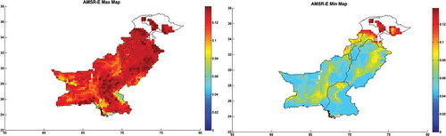 Figure 2. Maps of maximum and minimum of AMSR-E SMC (expressed in m3/m3) for the period 2010–2011 of Pakistan.
