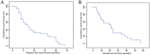Figure 1 (a) PFS-vs.-time curves of patients. (b) OS-vs.-time curves of patients.