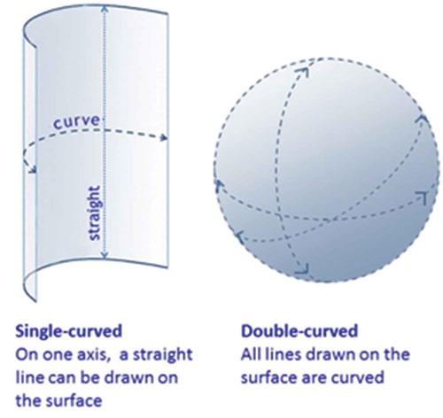 Figure 2. Diagram used to explain the difference between double and single curvature in three-dimensional forms, made using Microsoft PowerPoint drawing tools and Adobe Photoshop. Reprinted with permission of Anne-Marie Bouché. 