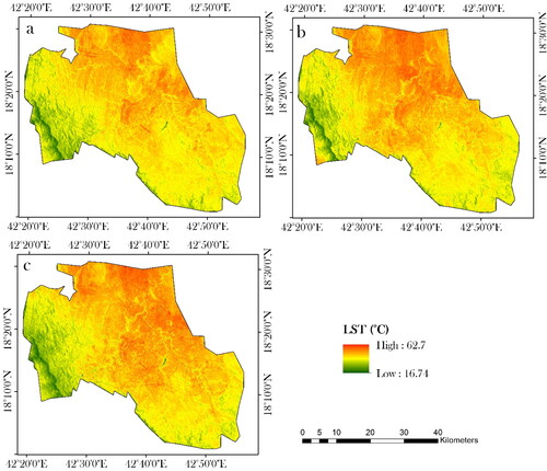 Figure 7. Spatial distribution of LST for (a) 1990, (b) 2000, and (c) 2020 with minimum-maximum legend for uniform visualization to show gradual changes of temperature.