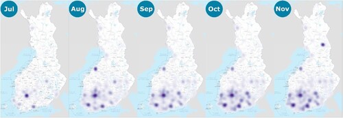 Figure 7. Heatmap of accumulated contributions over the pilot period from 1st of July to 28th of October. Each heatmap displays the situation on the first day of the month except for November where the last day of contributions was chosen to be 28th of October.