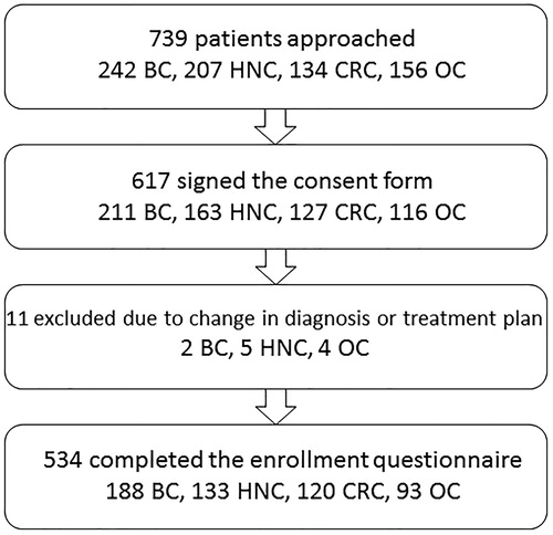 Figure 1. Flowchart of patient recruitment.BC: breast cancer; CRC: colorectal cancer; HNC: head and neck cancer; OC: ovarian cancer.