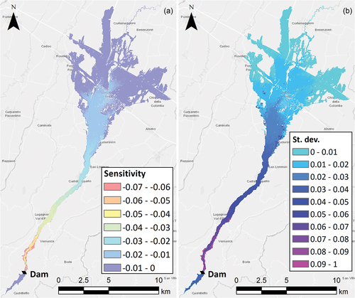 Figure 11. (a) Map showing the global sensitivity of the flood arrival time to the breach width SLHR. (b) Degree of interaction of the reservoir level and breach width on the variability of the flood arrival time with respect to the breach width (σSLTarr).