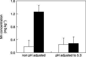 Figure 4  Effects of pH adjustment of the culture medium on MnO2 solubilization. Portions of culture medium with no plants (□) and after removal of regenerated plants (▪) were adjusted to pH 5.3, and the activity of MnO2 solubilization was investigated by measuring the Mn concentration increase over 1 week. Data are expressed as the mean ± standard deviation of four replicates.