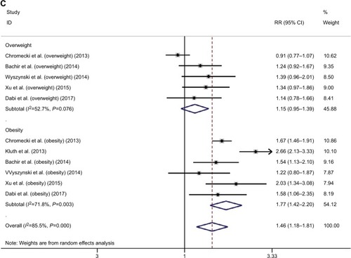 Figure 3 Meta-analysis on the association between bladder cancer susceptibility (A), recurrence (B), mortality (C), and excessive body weight.Abbreviation: RR, risk ratio.