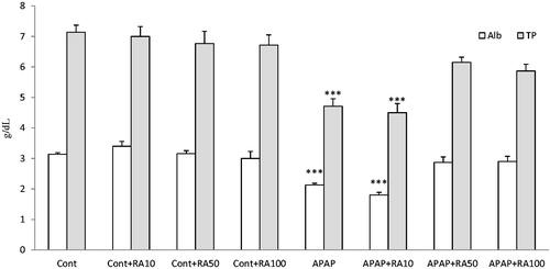 Figure 2. Effects of rosmarinic acid (RA) administration on serum albumin and total protein in control (Cont), RA 10 mg/kg-treated control (Cont + RA10), RA 50 mg/kg-treated control (Cont + RA50), RA 100 mg/kg-treated control (Cont + RA100), acetaminophen (APAP), RA 10 mg/kg-treated APAP (APAP + RA10), RA 50 mg/kg-treated APAP (APAP + RA50) and RA 100 mg/kg-treated APAP (APAP + RA100) groups (n = 7) at the end of experiment. The data are represented as mean ± S.E.M. ***p < 0.001 (as compared to control group).