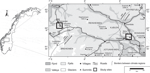 Figure 1. Map of Norway with focus on the two study regions in the western suboceanic (Geiranger) and the eastern continental (Vågå) part of Norway. According to Moen (Citation1998), Geiranger is part of the weak oceanic section (o1) and Vågå part of the continental (c1) section.