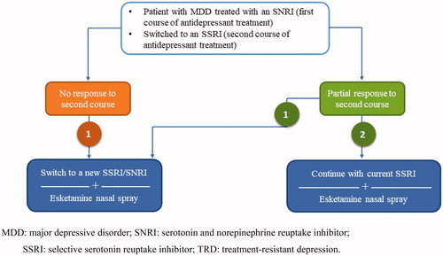 Figure 2. An example of the different treatment options available when starting treatment of TRD with esketamine nasal spray. MDD: major depressive disorder; SNRI: serotonin and norepinephrine reuptake inhibitor; SSRI: selective serotonin reuptake inhibitor; TRD: treatment-resistant depression.