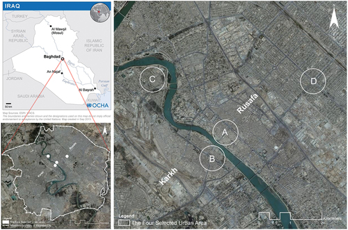 Figure 1. (Left) georeferencing satellite imagery of Baghdad city illustrates the boundary of the case study area for the morphological analysis and the urbanism boundary. (right) the four selected urban areas (radius 400 m). Source: drawn by the author based on the georeferencing satellite imagery that authorised by R.S.GIS.U Citation2017.