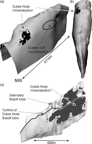 Figure 3 Location of mineralisation at the Dukes Nose and Golden Gift relative to the simplified reconstructed Magdala Basalt Dome (pre-D6 movement on the South Fault). (a) View towards the southeast of the entire dome. (b) View from above the dome. (c) View towards the southeast of mineralisation in the immediate area of the Dukes Nose Basalt lobe (modified after Schaubs et al. Citation2006).