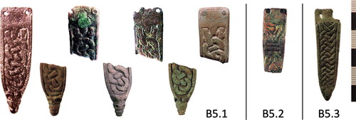 Figure 4. Examples of B5-1, B5-2 and B5-3 strap ends. Left to right — B5.1: Aggersborg; top row: YORYM-04F067; NCL-190500; YORYM-635EE3; bottom row: YORYM-4F55E0; LIN-DDEA45; YORYM-0219E8; B5-2: YORYM-482EE5; B5-3: YORYM-B001D5.
