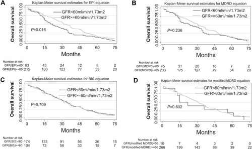 Figure 2 Kaplan–Meier survival estimates and 95% confidence intervals for long term by GFR level using CKD-EPI (A), MDRD (B), BIS (C), and modified MDRD (D) equations.