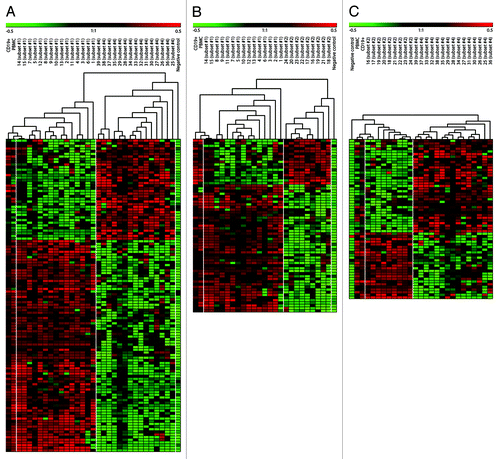 Figure 2. Supervised hierarchical clustering of differentially methylated genes (methylation index geometric mean difference > 0.35, p < 0.05). Comparisons were made between subsets #1 and #4 (A), subsets #1 and #2 (B) and subsets #2 and #4 (C). A gradient color scale represents the methylation index values; green as unmethylated and red as methylated.