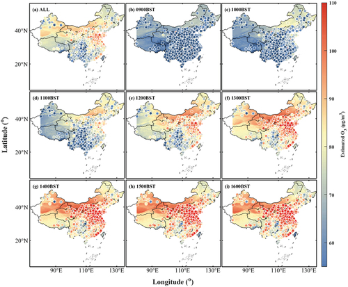 Figure 11. Verification of spatial distribution of hourly average O3. The site-based hourly mean ground-level ozone concentrations are represented by tinctorial circles.