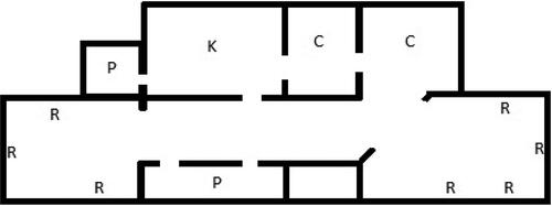 Figure 2. Group home 2. R = resident; K = kitchen; C = common area; P = staff accommodation room.