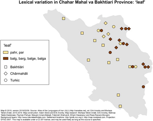 Figure 17. Sample Lexical Data Map: ‘Leaf’ in the Languages of Chahar Mahal va Bakhtiari Province.Source: http://iranatlas.net/module/taxonomy.selectMap
