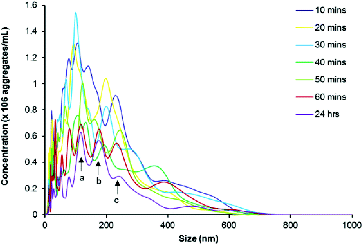 Figure 4. NTA size distribution profile of disaggregated amylin (50 μmol L−1) in 10 mmol L−1 sodium phosphate buffer, pH 7.4 containing 50 mmol L−1 NaCl. The sample was maintained at 37 °C for the duration of the experiment. Video recordings (duration of 60 s) for NTA were taken at each time point, using the single shutter and gain mode. Arrows labelled a, b and c indicates the predominant size range over 24 h.