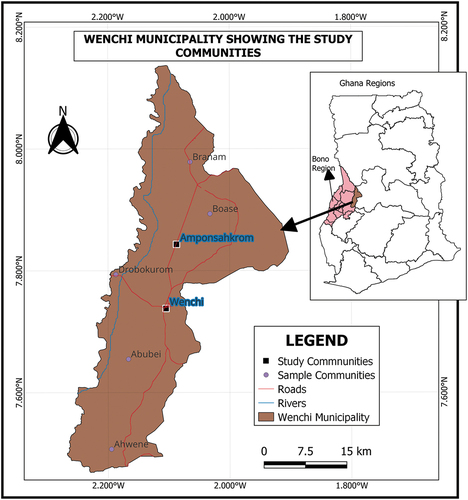 Figure 2. A map of Ghana and Wenchi Municipality showing the study communities