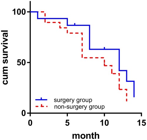 Figure 7 Kaplan-Meier curves demonstrating overall survival of the surgery and non-surgery groups (chi square =1.817, p=0.178, log-rank test).