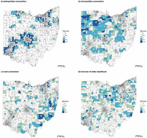 Figure 3. Maps of component scores for a) PC1: metropolitan connection, b) PC2: micropolitan connection, c) PC3: rural connection, d) PC4: turnover of older adulthood. The maps present only census tracts with positive values for visual clarity.