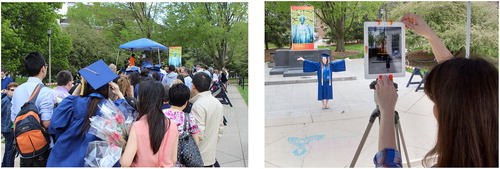 Figure 7. Left – Crowds lined up to try the AR Alma Mater application and have a picture taken with the virtual Alma Mater. Right – Because not everyone had a device with which to experience the AR Alma Mater, the campus set up an iPad for graduates. People with their own devices were free to walk about the area and see the Alma Mater from all perspectives in front of the poster and choose the perspective they would like for their own photo.