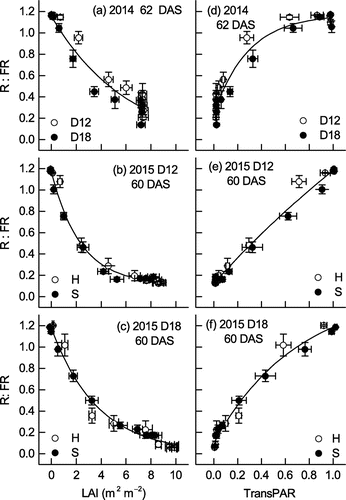 Figure 7. Responses of R:FR to changes in (a–c) LAI and (d–f) TransPAR with canopy depth of Hatsusayaka and Sachiyutaka plants grown at normal (D12) and high (D18) densities at (a, d) 62 DAS in 2014 and (b–f) 60 DAS in 2015. Values are mean ± S.E. (n = 6). All variables were fitted to an exponential function [Equation (Equation2(2) )].