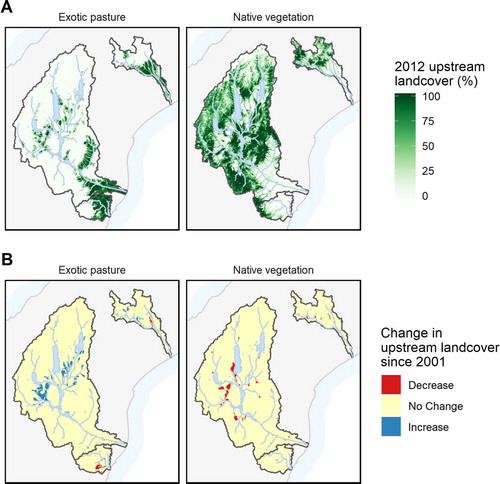 Figure 3. Percentage of the upstream catchment covered in exotic pasture (usExoticPasture) and native vegetation (usNative) in 2012 (A) and change in land cover between 2001–2012 (B).
