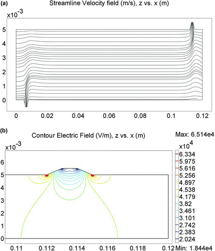 FIG. 4 (a) Air molecule streamlines in the DMA as in Figure 3a. (b) Electric field strength contour plot in the DMA for the area shown in Figure 3b. The normal electric field near the aerosol outlet is shown on a magnified scale.