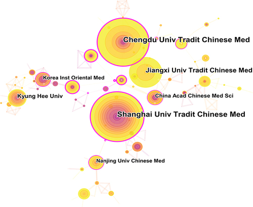 Figure 5 An institution cooperation map related to moxibustion therapy for pain treatment from 2012 to 2021.