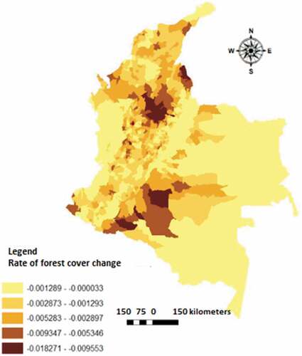 Figure 1. Forest cover change rate between 2000 and 2014. The legend colors indicate the deforestation value ranges. The darkest colors correspond to the highest deforestation rates and, the lighter colors correspond to the lower deforestation rates.