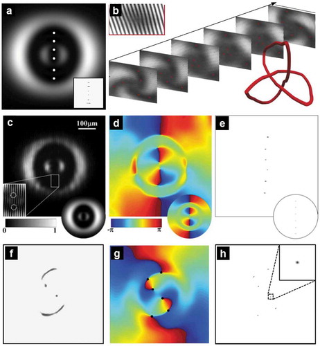 Figure 12. Experiment results of a vortex link. (a) Intensity distribution of field at the waist plane. These white points depict the vortex singularities. Inset: overexposure intensity pattern. (b) Locating method via interference [Citation72]. (c) Holographic interferogram [Citation103]. (d) Corresponding phase distribution reconstructed by digital holography. (e) Singularity positions located from phase pattern. Insets: the corresponding theoretical results shown in the bottom. (f) Overexposure intensity distribution of vortex field in the plane near to inflexion of vortex lines. (g) Demodulated phase from hologram; (h) Singularity map calculated by the phase singularity locating algorithm. Figures reproduced from: (b) ref [Citation72]., Copyright 2016, nature publishing group; (c) – (h) ref [Citation103]., copyright 2020, optical society of America