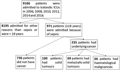 Figure 1. A flow chart over patients admitted to Icelandic ICUs with sepsis and the four groups compared in the present study.
