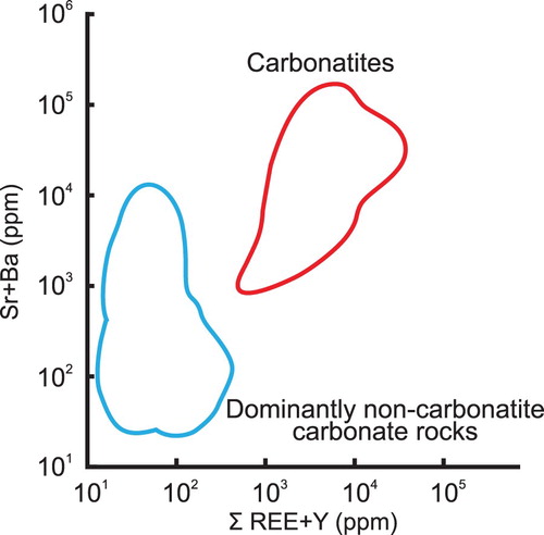Figure 18. The [Sr + Ba] to [REE + Y] discriminative bivariate plot is one of the criteria recommended to distinguish carbonatites from marbles derived from carbonate sedimentary rocks (Samoilov Citation1991).