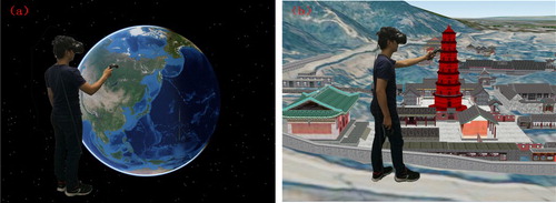 Figure 3. A VR user interacts with a multi-scale virtual environment: (a) a VR user touches and rotates the globe with a hand controller; (b) a VR user freely walks through a city and collects buildings.