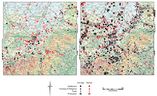 Figure 2. Fox’s (Citation1923) (left) and OS Roman Britain, RRS and EngLaid’s (right) ‘site’ distribution for Iron Age and Roman periods.