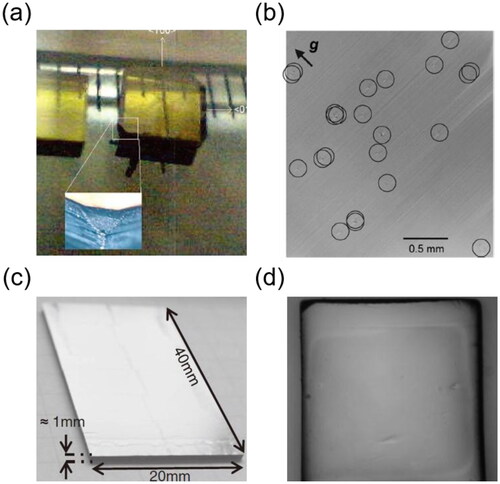 Figure 1. Research progresses of synthetic diamonds. (a) Nitrogen addition to increase diamond growth rate [Citation35], diamond plate with (b) low dislocation density, (c) large size, and (d) flat surface [Citation39,Citation45,Citation49]. (a) Reproduced with permission from ref Citation35, Copyright 2002, The National Academy of Sciences.(b) Reproduced with permission from ref Citation39, Copyright 2014 AIP Publishing LLC. (c) Reproduced with permission from ref Citation45, Copyright 2011 Elsevier B.V. All rights reserved. (d) Reproduced with permission from ref Citation49, Copyright 2005 WILEY-VCH Verlag GmbH & Co. KGaA, Weinheim.