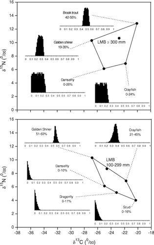 Figure 4 Mixing polygons for δ13C and δ15N signatures of principal prey organisms of largemouth bass (LMB) sampled from Twin Lakes, WA. Consumer corrections were made assuming a trophic fractionation of 3–4‰ of δ15N from prey to predator. Histograms represent the range of possible contributions of prey organisms to the diet of the selected fish. Diet estimates and isotope signatures represent late spring to early summer feeding behavior. Estimated values are presented on a 1–99 percentile range. The range of diet contributions were estimated using the model IsoSource (CitationPhillips and Greggs 2003; see text for details).