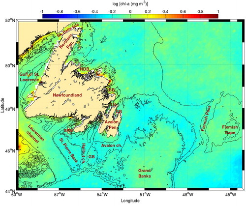 Fig. 6 Chl-a concentration climatology (1998–2010) for the inner Newfoundland Shelf. The 100 and 1000 m isobaths are shown. See Fig. 5 for acronyms.