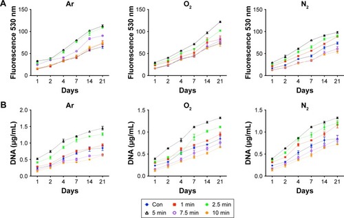 Figure 3 Human dermal fibroblast viability (A) and DNA (B) over 21 days on the scaffolds treated with plasma surface modification.Note: Viability was measured using Alamar Blue and DNA assay, respectively, for Ar, N2 and O2 plasma for various treatment times (n=6) compared with untreated scaffolds (Con).Abbreviations: Ar, argon; Con, untreated; N2, nitrogen; O2, oxygen.